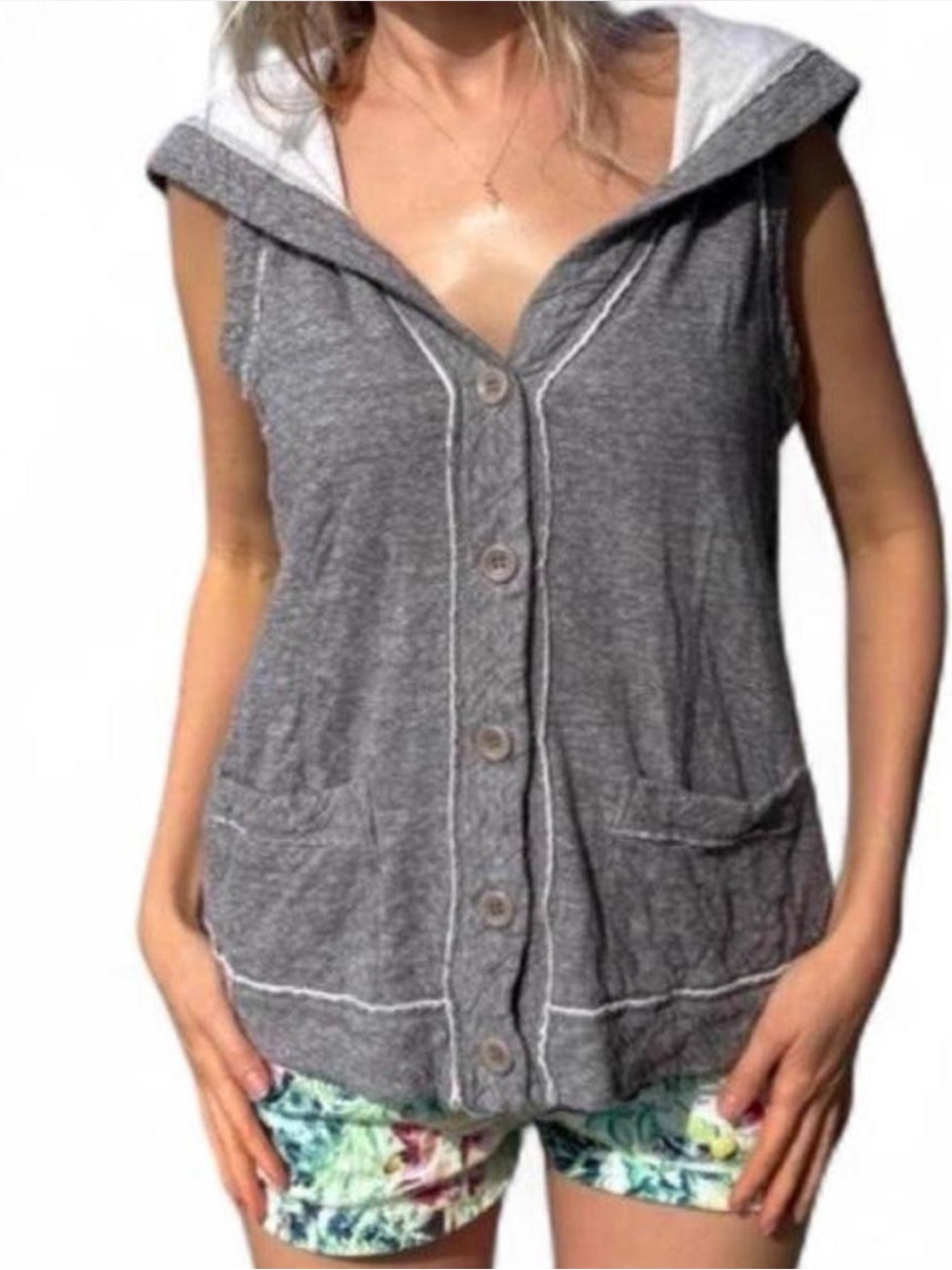 Stone gray earthy Cotton button up sleeveless sweater vest XS
